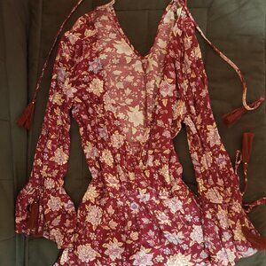 American Eagle Floral Burgundy Romper with Tassels XS